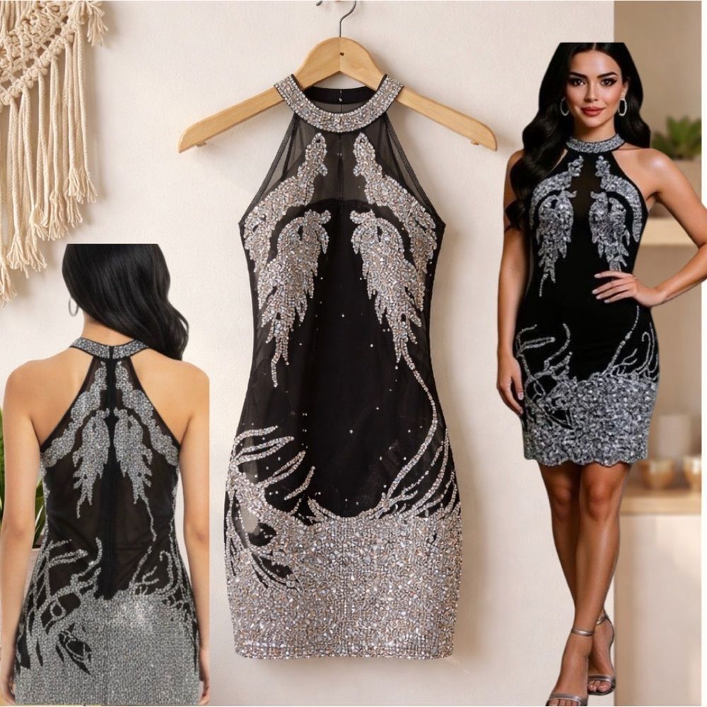 Elegant Blk Sheer Silver rhinestone halter neck Sleeveless Cocktail party Dress